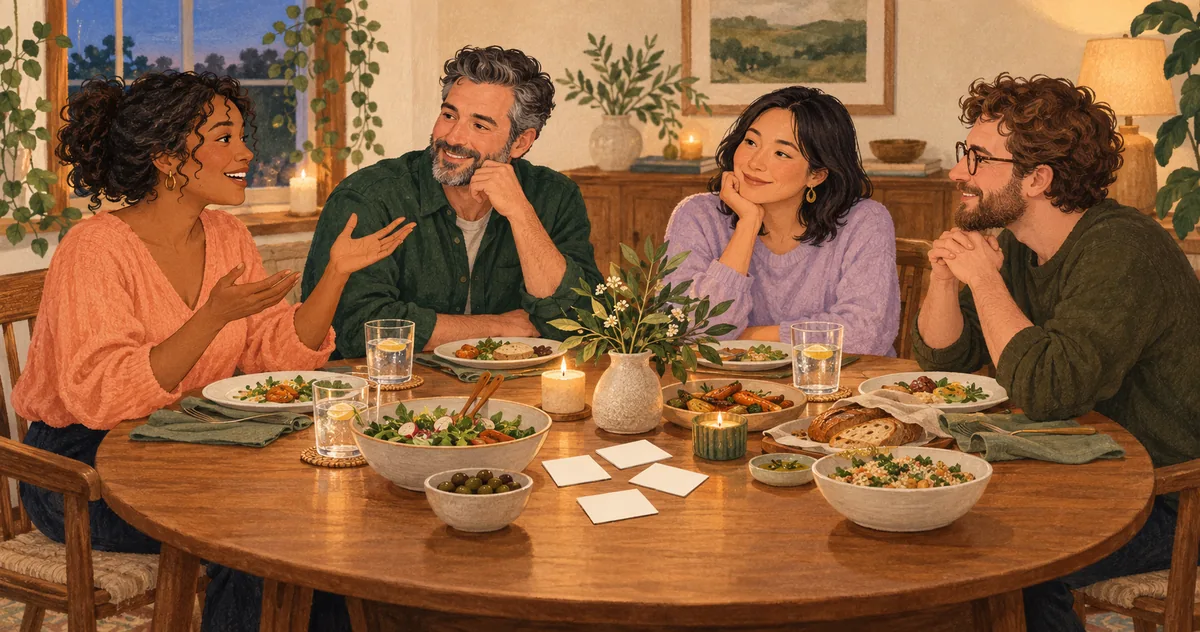 Illustration of four adults talking over dinner, with shared dishes and blank conversation cards on the table.