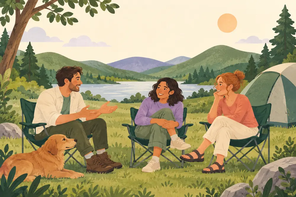 Three adult friends seated on folding chairs at a peaceful campsite in daylight, a closed tent and distant rounded hills, no campfire, no one hiking.