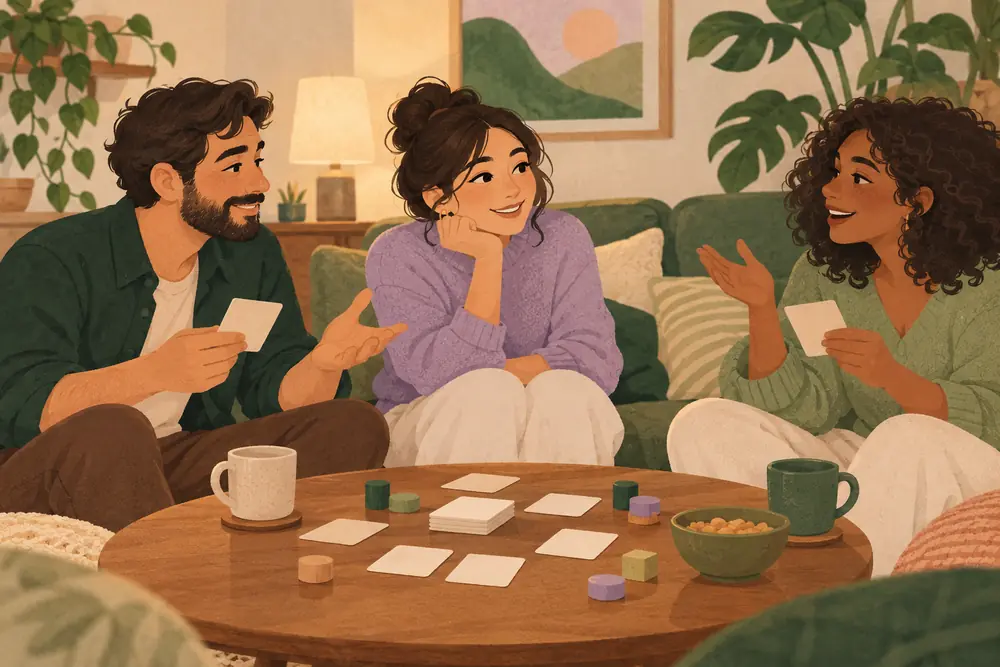Three adult friends around a table with simple abstract wooden counters and blank square cards, no visible board-game design, welcoming living room.