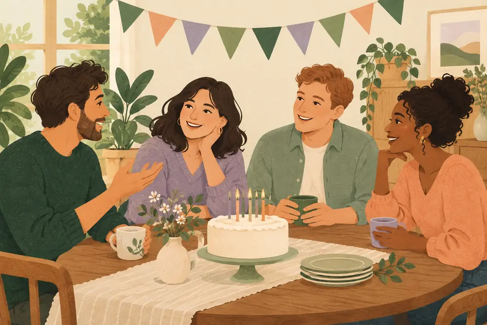 Four adults casually talking at a small birthday gathering with a plain cake and simple unlettered bunting, no number candles, gifts or alcohol.