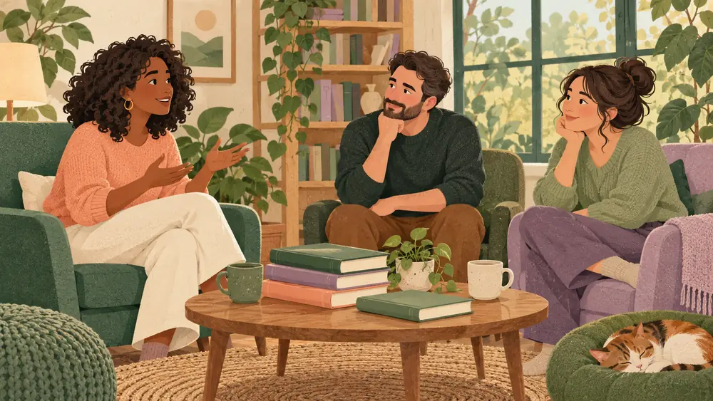 Three adults in a reading corner with closed unlettered books on a low table, one speaking and two listening, blank book spines.