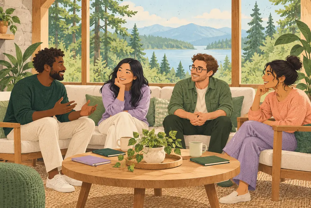 Four adult colleagues seated in a bright retreat lounge with a large window and trees outside, plain closed notebooks, no presentation screen.