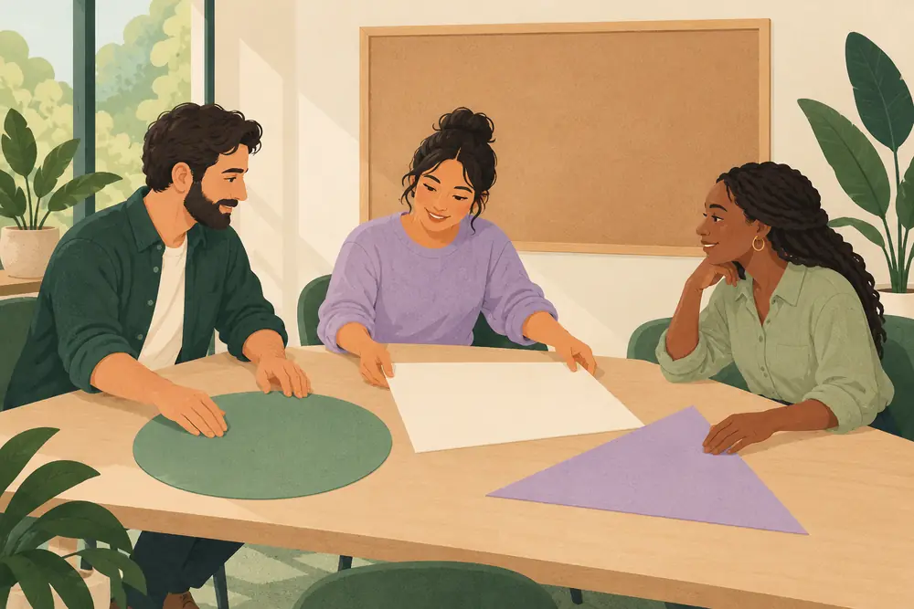 Three adult colleagues seated around a meeting table arranging a few large blank paper shapes, an empty unmarked pinboard behind, no text or charts.