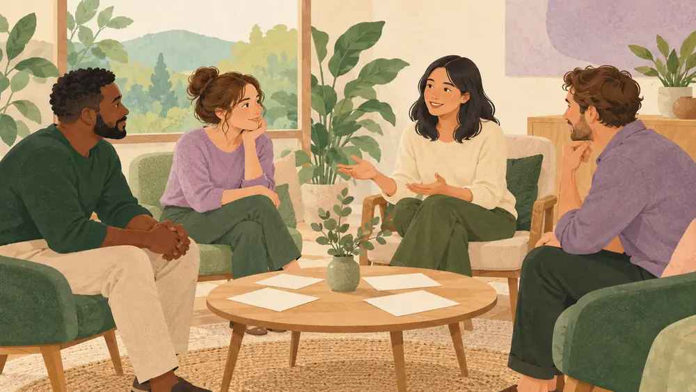 A seated adult workshop group of four in a loose semicircle, blank paper on a low table, a seated facilitator inviting conversation at the same level.