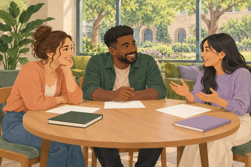Three adult college students seated at a campus common-room table, blank sheets and closed notebooks, abstract leafy courtyard behind, no campus logo or building name.