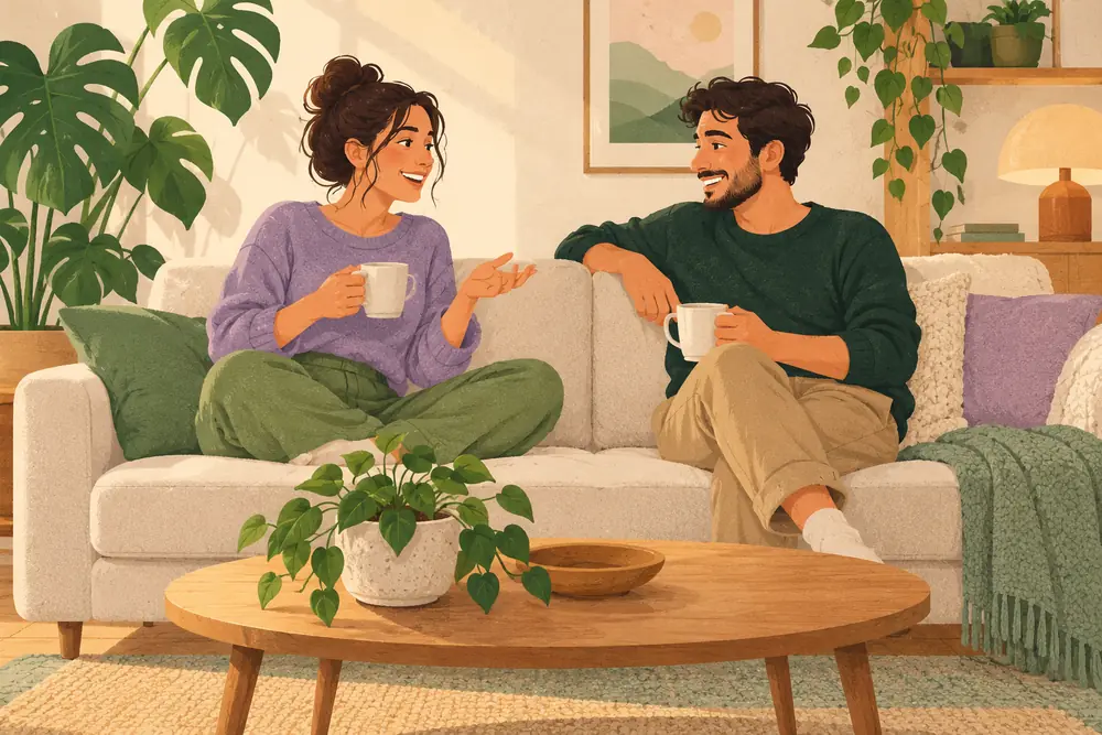 Two adult housemates casually chatting in a shared living room with a houseplant, a neutral sofa and plain mugs, no keys, bills or documents.