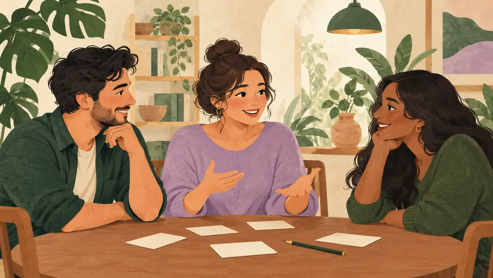 Three adults at a community table talking and gesturing gently, blank cards and a pencil on the table, no flags, letters, speech-bubble text or lesson boards.