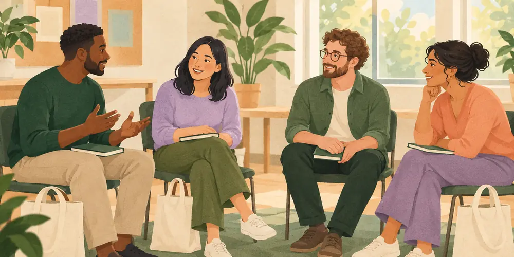 Four adult volunteers in a community meeting room seated around a table, plain reusable tote bags and closed blank notebooks, no uniforms, charity logo or vulnerable beneficiaries.