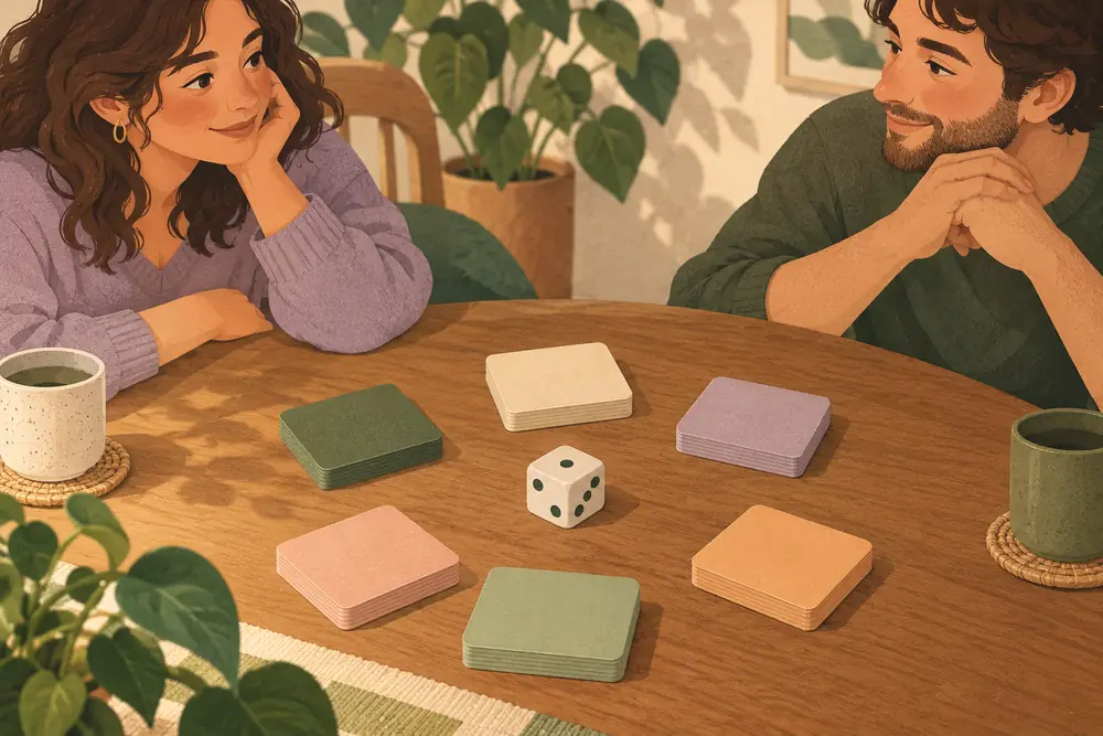 A close tabletop scene with one coherent ordinary six-sided die showing plausible one-, two- and three-dot faces and six small stacks of blank cards, two adult hands resting naturally at opposite edges, no writing.