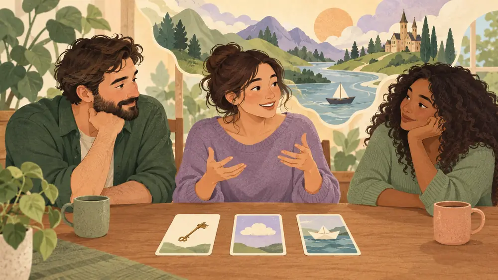 Three adult friends around a table creating a story with three blank cards laid left-to-right, tiny clearly illustrated motifs of a key, a cloud and a paper boat, no letters or captions.