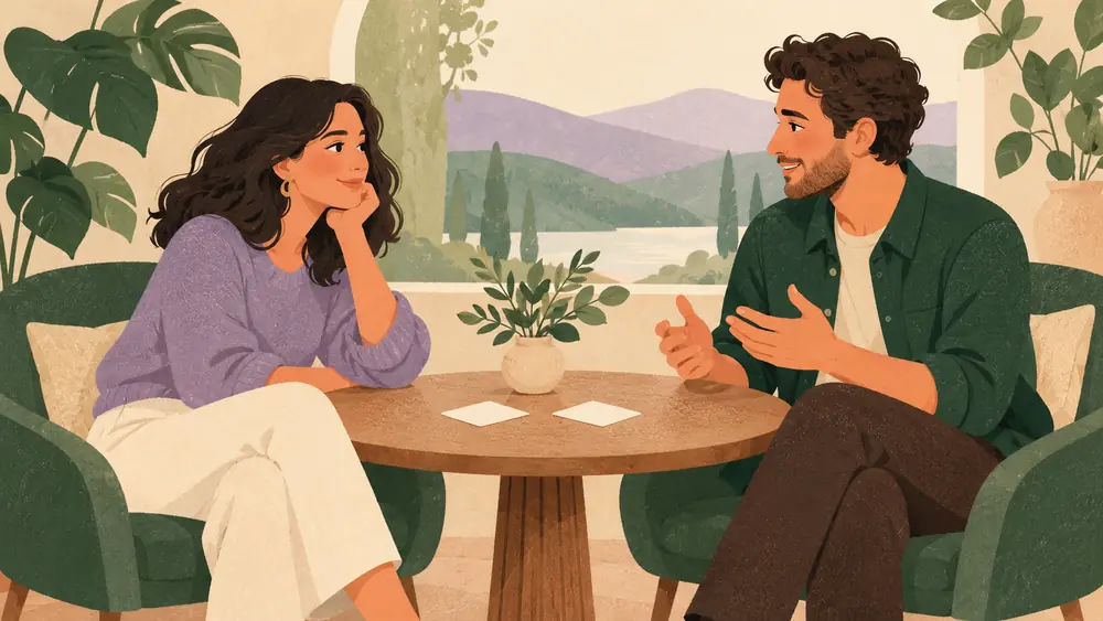 Two adults seated comfortably at opposite sides of a small round table making a shared plan with two blank cards, relaxed listening, no physical contact or forced eye contact.