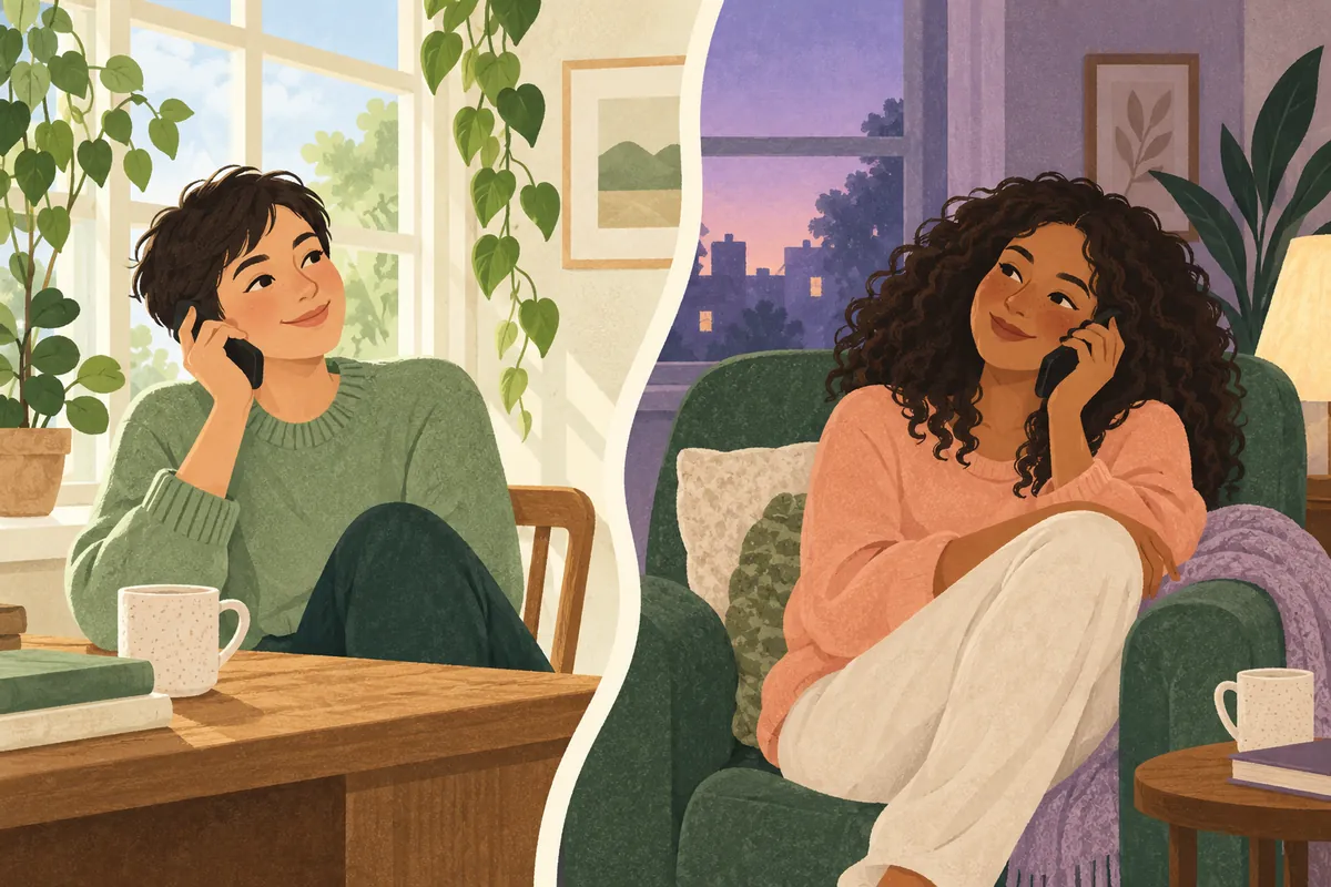Illustration of two adult friends talking on phones in separate rooms, one by a bright window and one by a dusky window.