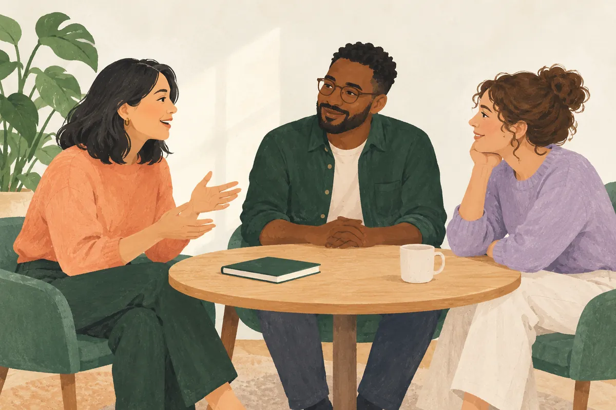 Illustration of three adult colleagues talking around a small round table, with a closed blank notebook and a plain cup.