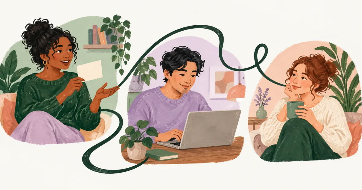 Illustration of three adults in separate spaces: one speaks with a blank card, one types, and one listens with a mug.