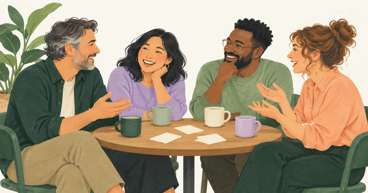 Illustration of four adult friends chatting over coffee around a table with blank conversation cards.