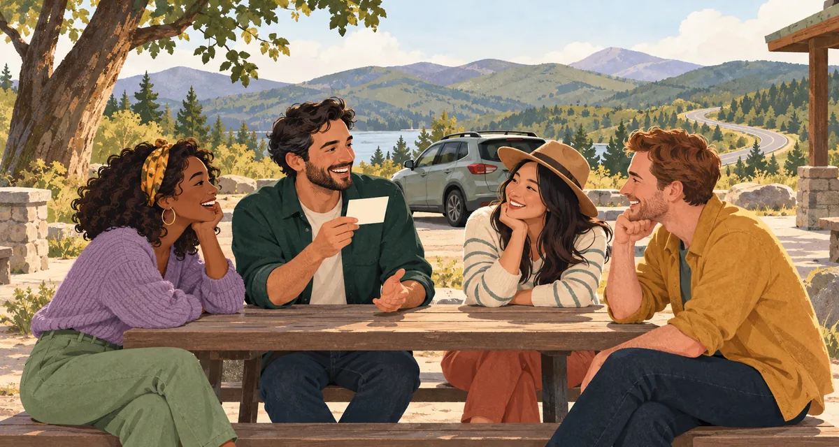 Illustration of four adult friends sharing a blank question card at a rest-stop picnic table, with an empty parked car behind them.