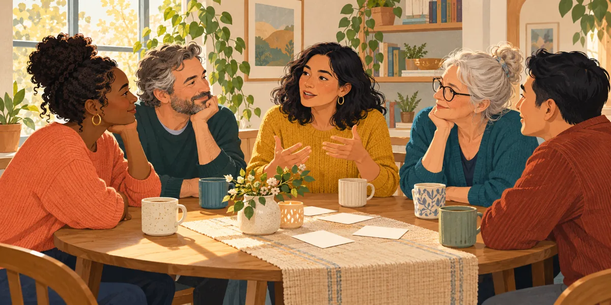 Illustration of five adult friends talking around a table with blank prompt cards.