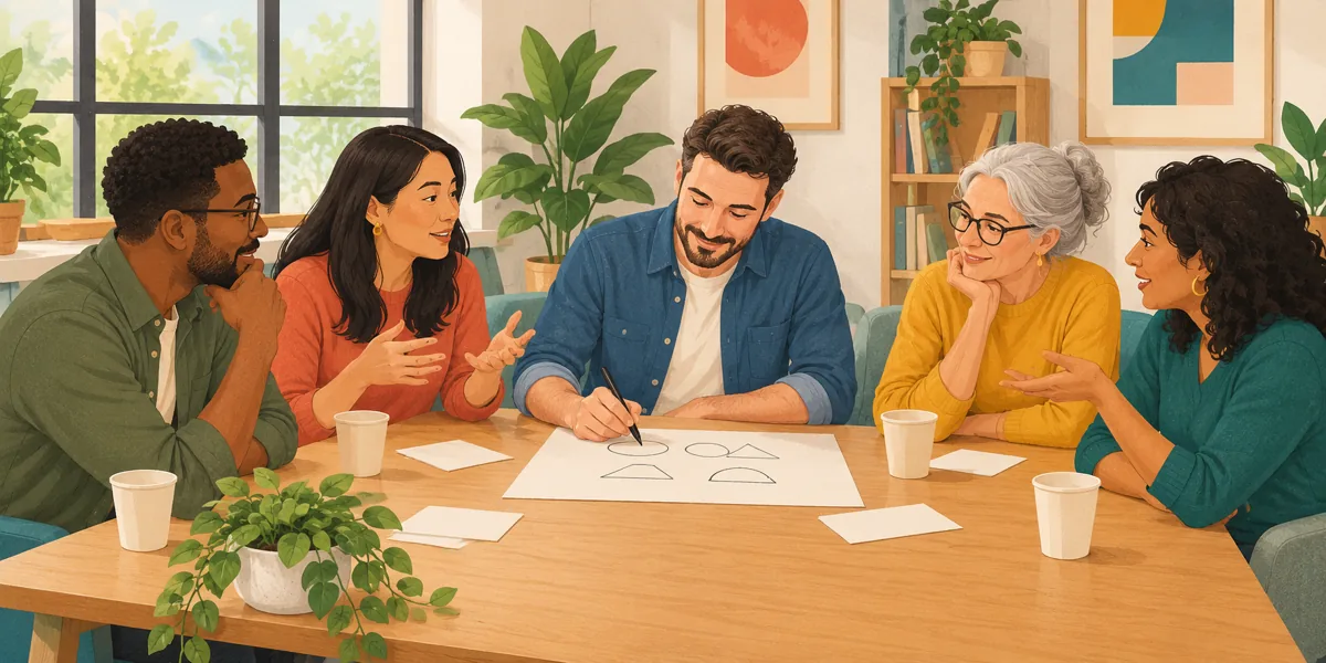 Illustration of five adults discussing a sheet of simple shapes at a shared table.